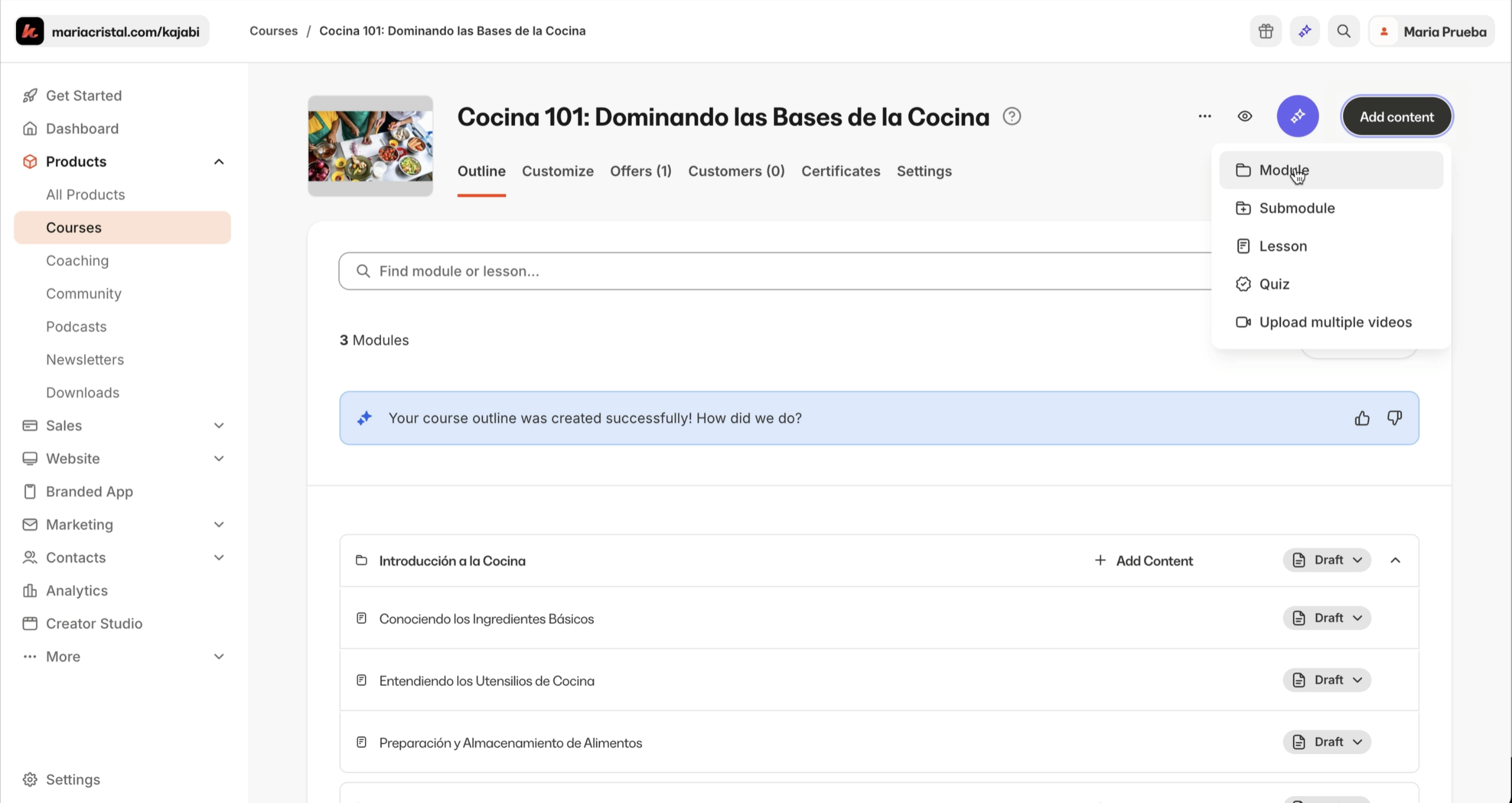 Panel de control de Kajabi con herramientas para crear cursos y membresías