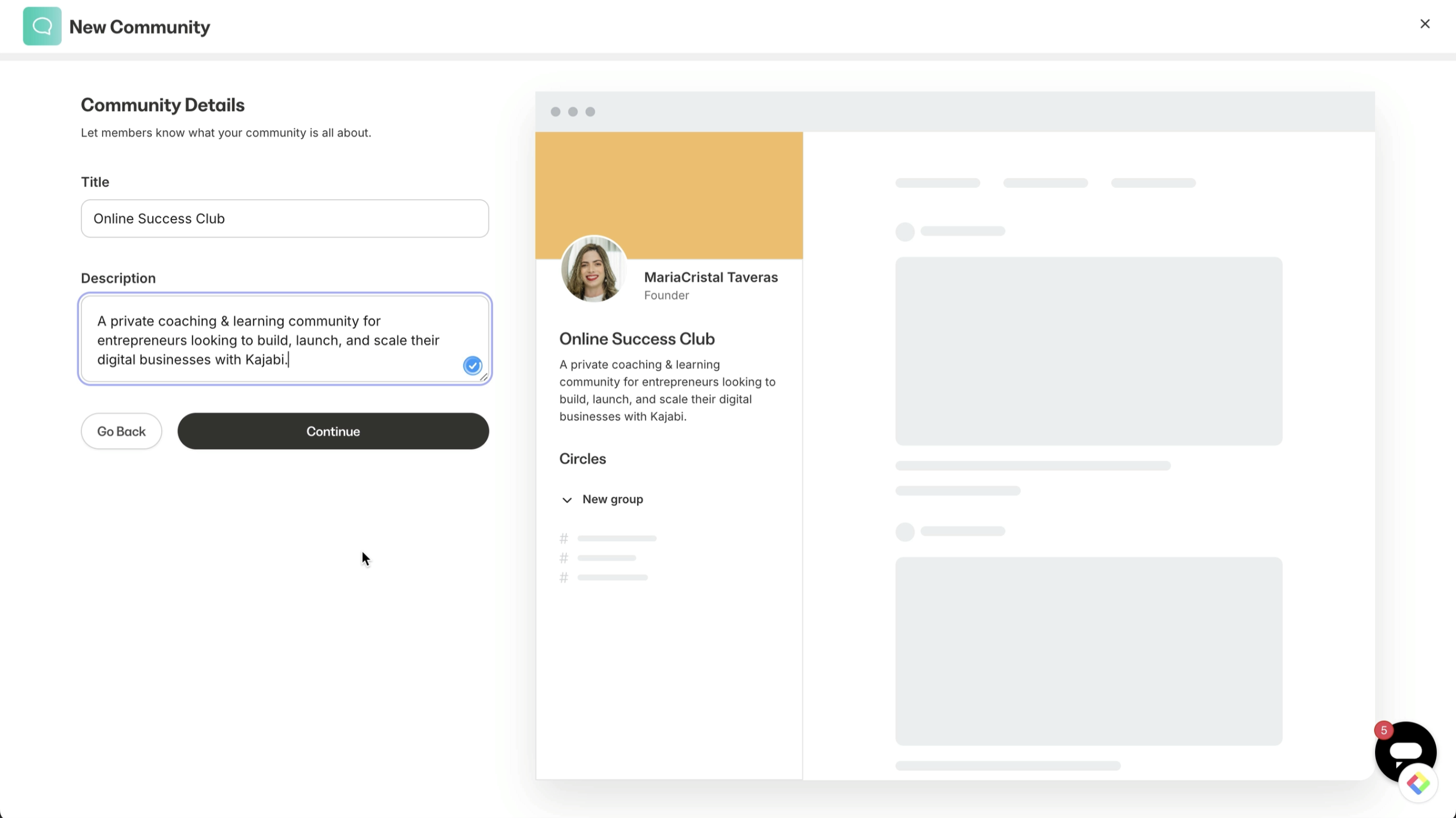 Captura de pantalla de Kajabi mostrando la opción New Community, ilustrando el inicio de la creación de una nueva comunidad en Kajabi en español.
