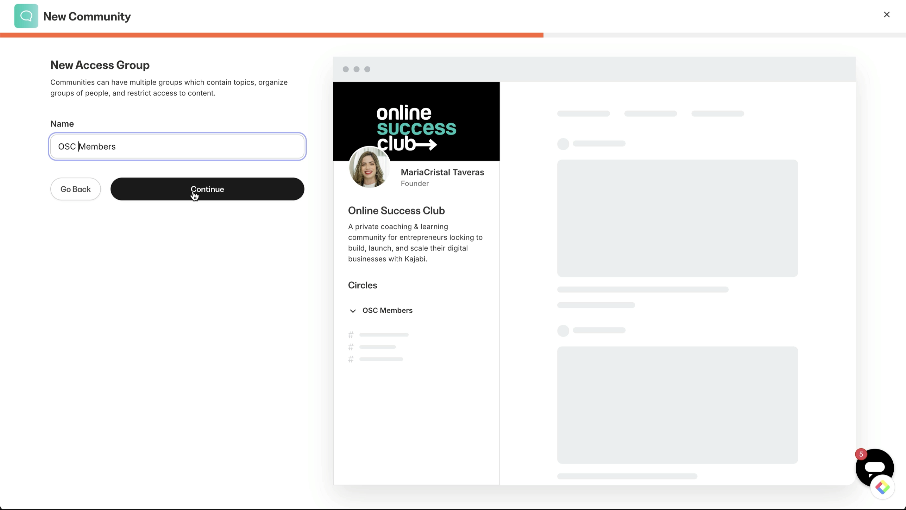"Captura de pantalla de Kajabi en la que se crea un Access Group, con la función Drag & Drop para organizar áreas de acceso en la comunidad.