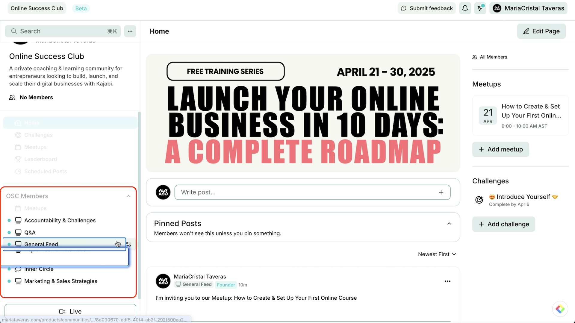Imagen que muestra donde se reordenan los Access Groups y Circles de la Comunidad de Kajabi