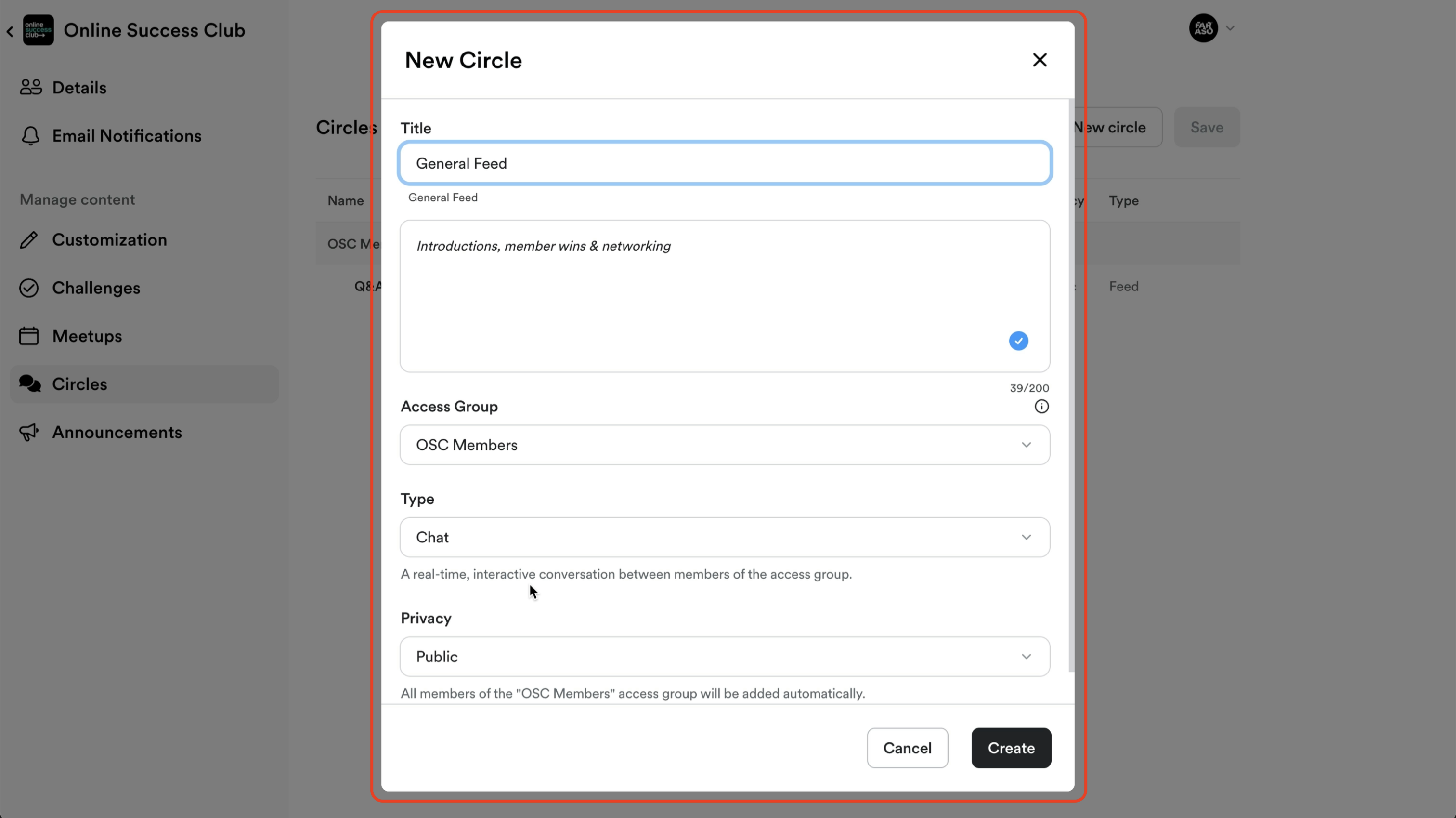 Captura de pantalla de Kajabi en la que se crea un Circle, similar a una sala de chat para fomentar la discusión en la comunidad