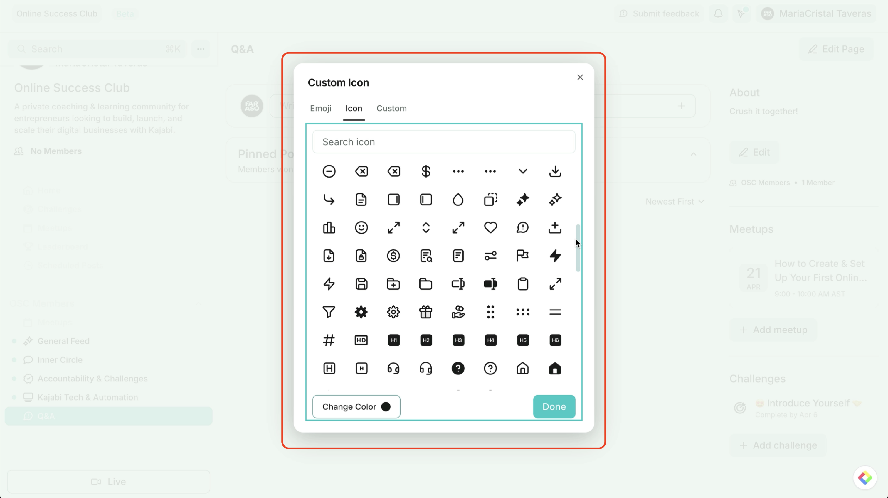 Imagen que muestra la personalización de marca en Kajabi, con iconos de navegación